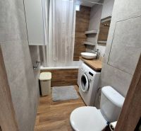 Bathroom in a 3-room apartment with a bathtub, washing machine, and floor with wooden decor.