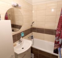 Bathroom in a 2-room apartment with a mirror, sink, and bathtub.