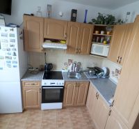 A kitchen in a 2-room apartment with wooden cabinets and tiles above the countertop.