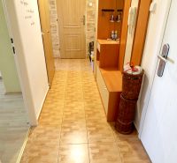 A hallway in a 2-room apartment with tiles and wall hooks.