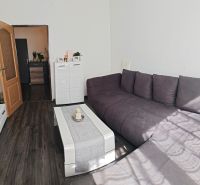 Living room with a dark wood-patterned floor and a purple sofa in a three-room apartment.