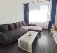 Living room in a three-room apartment with a wooden decor floor and a dark sofa.