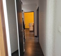 A hallway in a 3-room apartment with a wooden decor floor and a mirror on the wall.