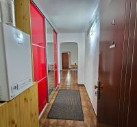 A hallway in a 3-room apartment with a red wardrobe and a gas boiler.