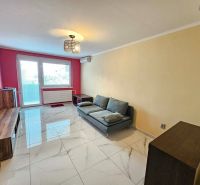 Living room of a three-room apartment with glossy tiles, a sofa, and a red wall.