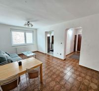 Living room in a 3-room apartment with a brown floor and simple seating.