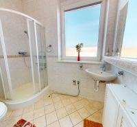 Bathroom in a family house with a shower, toilet, and a window with a flower.
