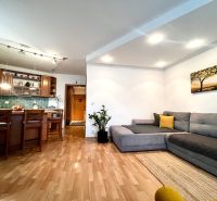 Living room in a three-room apartment with a wooden decor floor and a comfortable sofa.