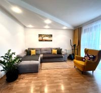 Living room of a three-room apartment with a wooden decor floor, gray sofa, and yellow armchair.