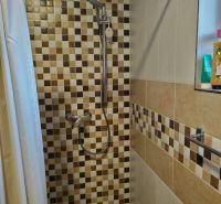 A shower enclosure in a family house with a tiled pattern and a shelf for cosmetics.