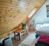 Attic room in a family house with wooden paneling and a floor with a wooden decor.