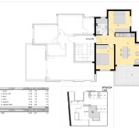Floor plan of a holiday apartment with two bedrooms, a living room, and a spacious balcony.