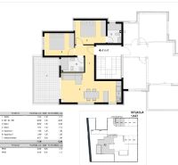 Floor plan of a holiday apartment with two bedrooms, a kitchen, and a balcony with a view.