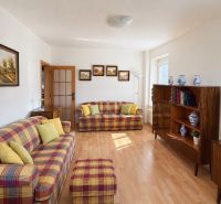 Living room in a 3-room apartment with a checkered sofa and a wooden decor floor.