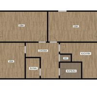 Floor plan of a 3-room apartment with two balconies and a floor with a wooden decor.