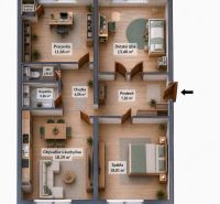 Floor plan of a 3-room apartment with wood-patterned flooring, including a living room with a kitchen.