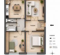 Floor plan of a 3-room apartment with a kitchen, hallway, and bathroom. Floor with wooden decor.