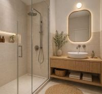 A stylish bathroom in a 3-room apartment with wooden furniture and a shower.