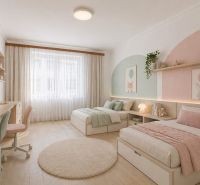 Children's room in a three-room apartment with a wooden decor floor and a soft color palette.