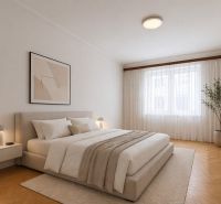 Bright bedroom with a bed, window, carpet, and wood-decorated flooring in a 3-room apartment.