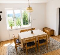 Dining room in a family house with a wood-patterned floor and a view of the forest.