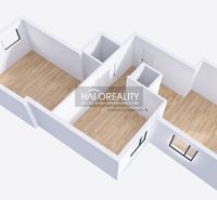 Floor plan of a 3-room apartment with wood-patterned flooring and modern furniture.
