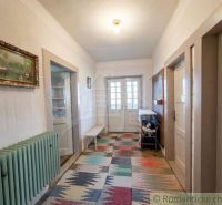 A hallway in a family house with a colorful carpet, a radiator, and a painting on the wall.