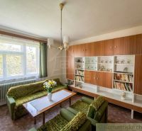 Living room in a family house with a green sofa and a bookshelf.