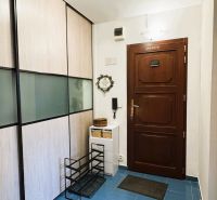 The hallway of a 3-room apartment with dark doors, blue tiles, and a built-in wardrobe.