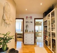 Interior of a 3-room apartment with wooden decor flooring, shelves, and a houseplant.