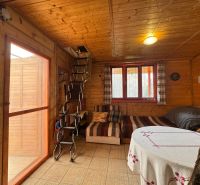 A cabin with a wooden interior, a sofa, a table, and a ladder in a cozy room.