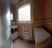 Bathroom in a 3-room apartment with a sink, shower, and washing machine.