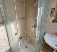 A shower enclosure with sliding doors next to the sink in a 3-room apartment.