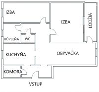 Floor plan of a 3-room apartment with a bedroom, kitchen, bathroom, loggia, and living room.