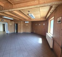 Wooden cladding, tiles, ceiling lights, and radiator in gastro spaces.