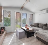 Living room in a cottage with wood-patterned flooring, a comfortable sofa, and decorative elements.