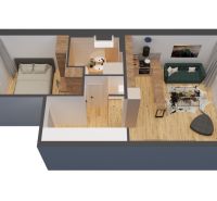 Visualization of a 2-room apartment with wooden floor decor and comfortable seating.