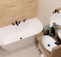 A bathroom with a bathtub, two sinks, and a wooden decor floor in a 2-room apartment.