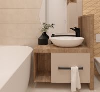 Bathroom in a 2-room apartment with a bathtub, a sink on a wooden decor, and ceramic tiles.