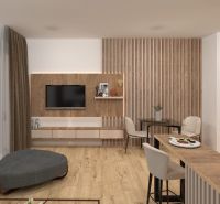 Living room in a two-room apartment with a TV on the wall, wooden decor flooring.