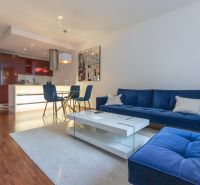 Living room in a two-room apartment with a blue sofa and a kitchenette.