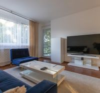 Living room with a sofa, television, and wooden decor flooring in a 2-room apartment.