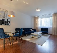 Living room in a two-room apartment with blue chairs and wood-patterned flooring.
