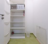 Storage space with shelves and green flooring in a 2-room apartment.