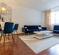 Living room with dark armchairs, a glass table, and a wooden decor floor.