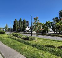 The footage shows urban greenery and roads at Račianska 99 in Bratislava - Nové Mesto.