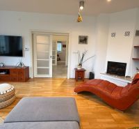 Living room of a family house with a fireplace, a comfortable chaise lounge, and a wooden decor floor.