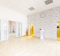 Interior of commercial spaces with wood-patterned flooring and brick-patterned wall.