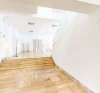 Interior of commercial spaces with white curtains and wood-patterned flooring.