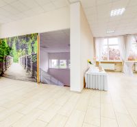 Commercial space with wood-patterned flooring, white curtains, and a photograph of a garden.